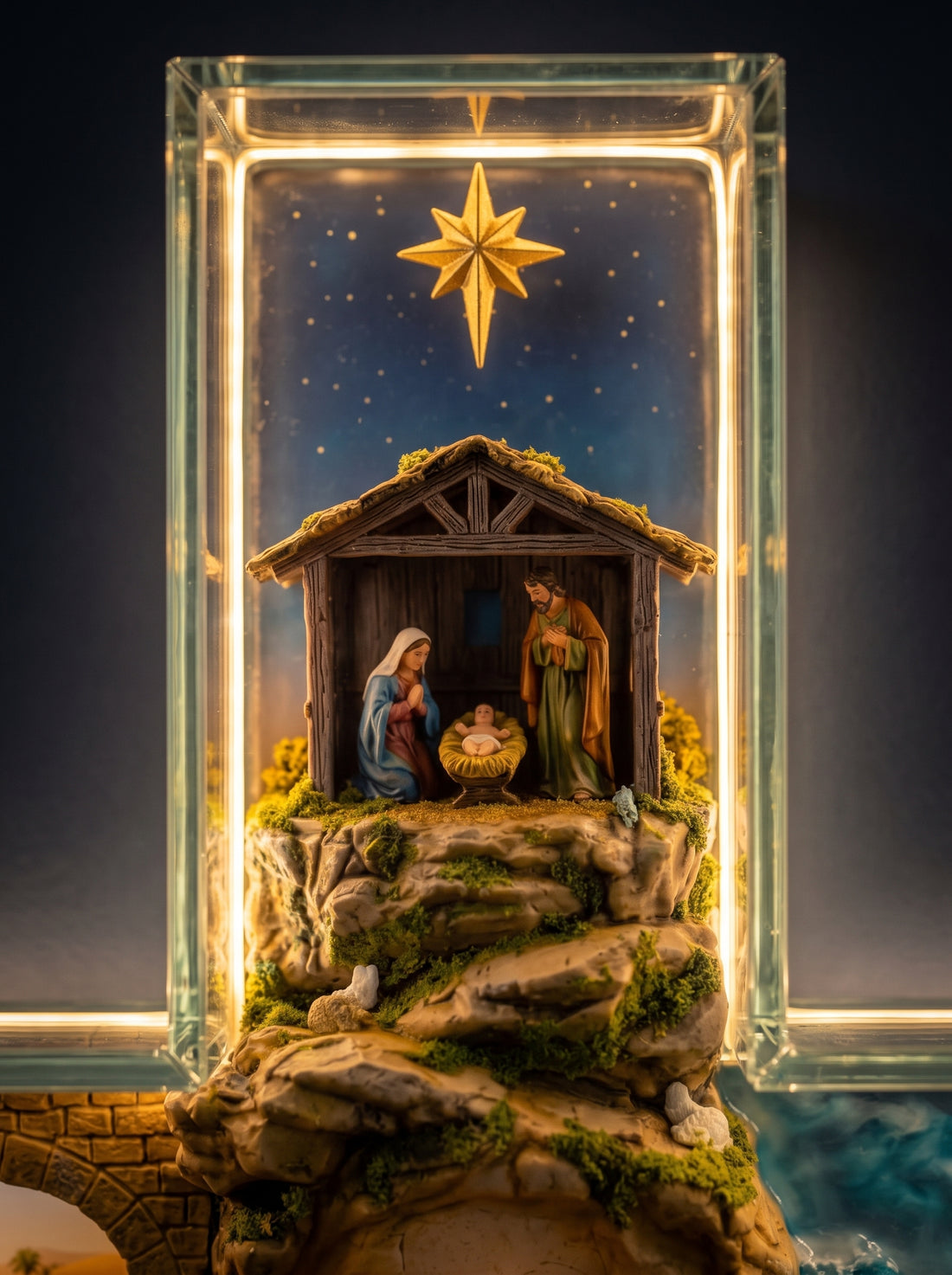 The Nativity scene inside the glass cross
