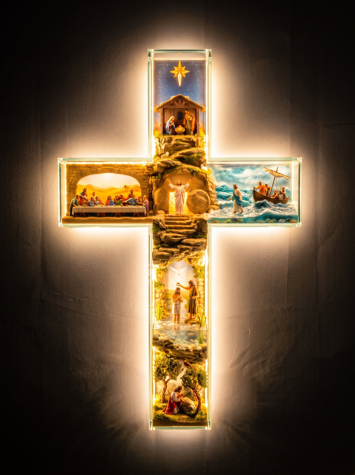Glass cross glowing with its LED lights on