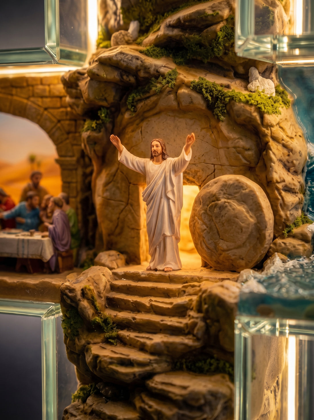 The Resurrection scene inside the glass cross