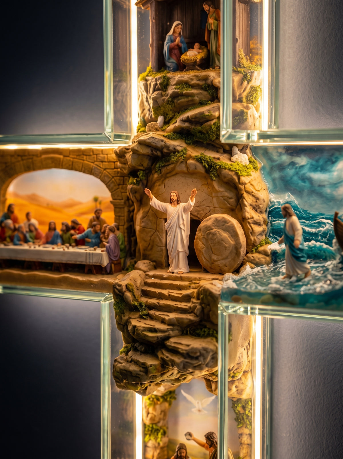 Close-up of a hand-painted scene inside the glass