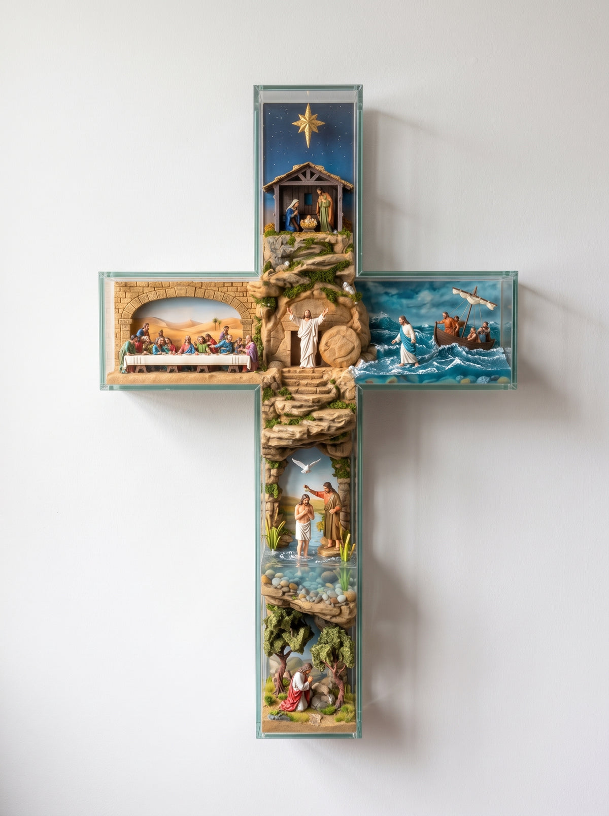 Glass cross on the wall with the lights off