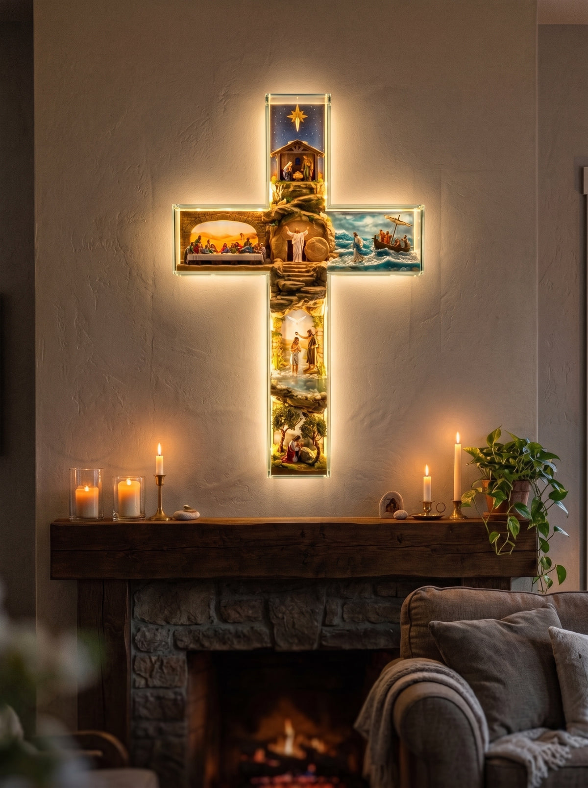 The cross glowing on a living room wall